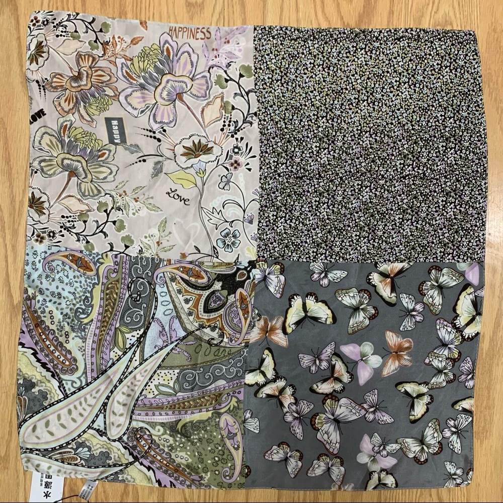 Silk Scarf Butterflies Paisley Gray Purple 21x21” Handkerchief Hanky 100% NWT